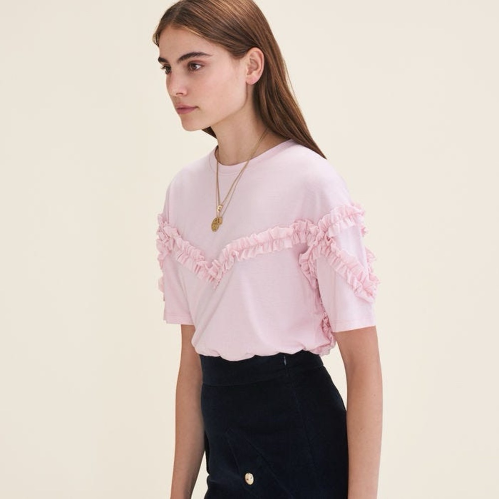 MAJE rose light pink Tournoi ruffle frill stripe detail T-shirt top - Picture 2 of 9